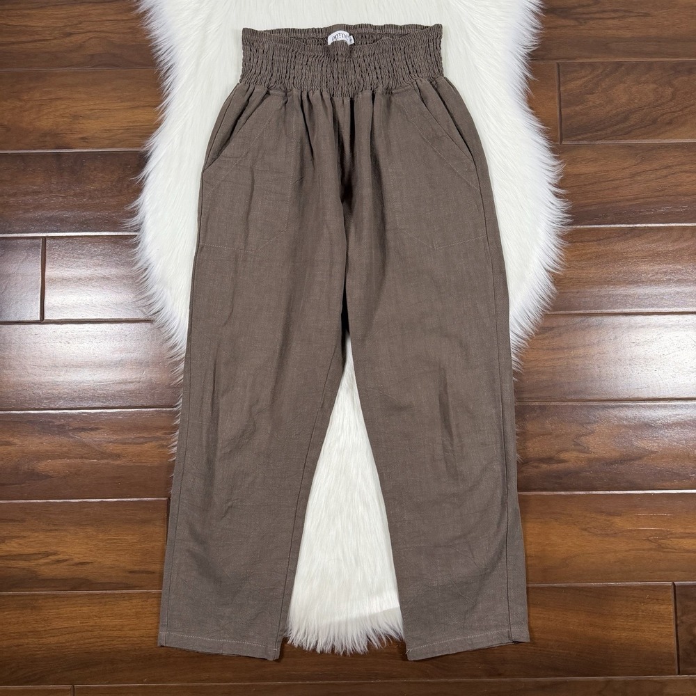 Emme Size Small Brown Maternity Everyday Transitional Smocked Linen Ankle Pants